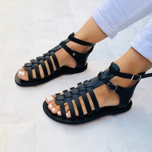 Sandales spartiates en cuir, sandales grecques, sandales noires, chaussures d'été, fabriquées à partir de 100 % cuir véritable. Noir