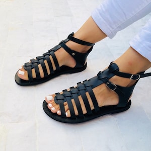 Gladiatorleren sandalen, Griekse sandalen, zwarte sandalen, zomerschoenen, gemaakt van 100% echt leer.