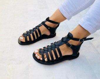 Sandales spartiates en cuir, sandales grecques, sandales noires, chaussures d'été, fabriquées à partir de 100 % cuir véritable.