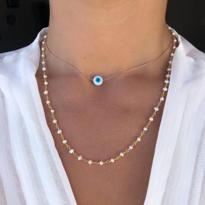 Tiny Evil Eye Necklace, Evil Eye Pendant, Rosary Necklace, Evil Eye Jewelry, Evil Eye Charm, White Rosario. Handmade in Greece.