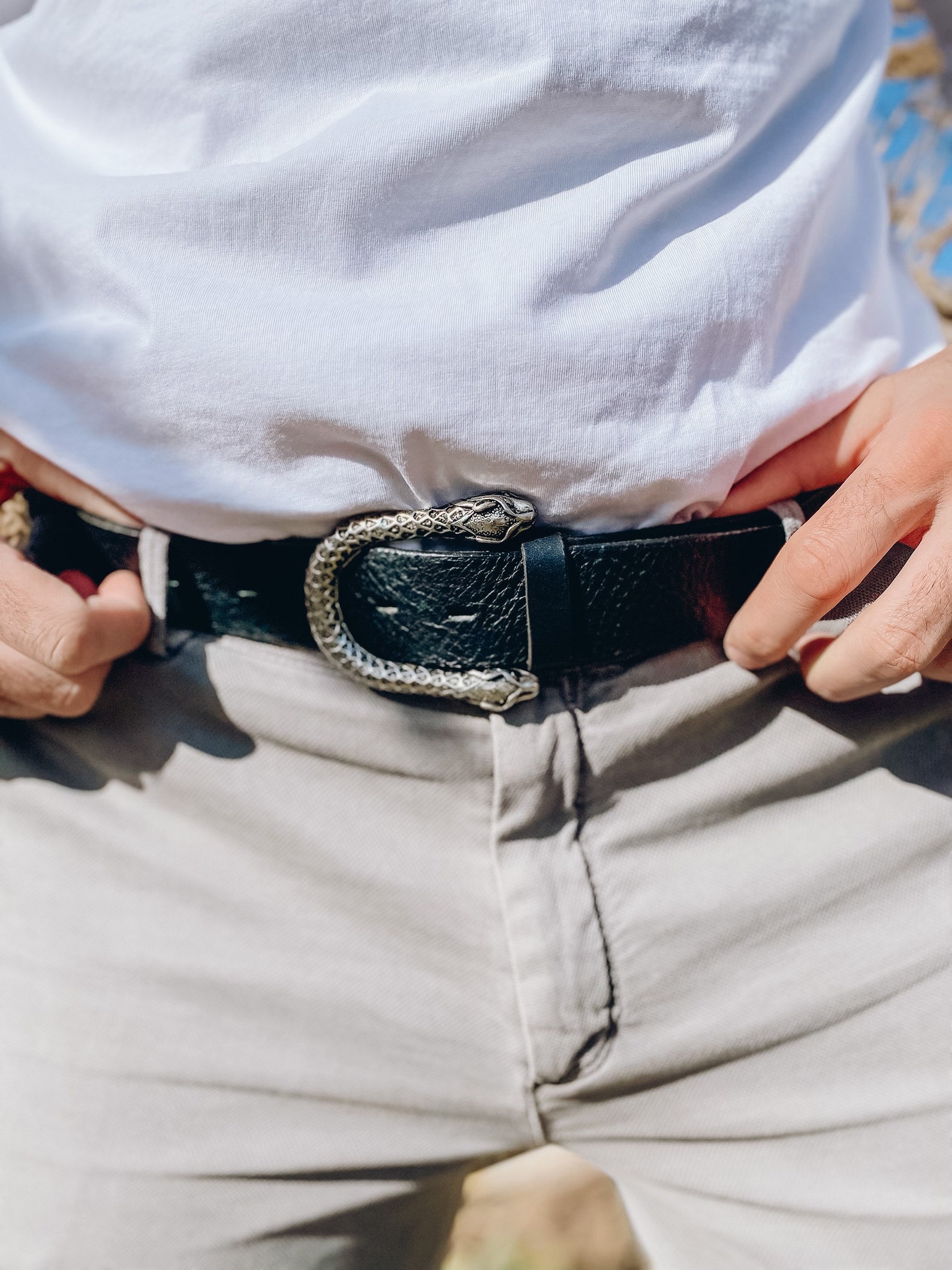 mens black belt with silver buckle