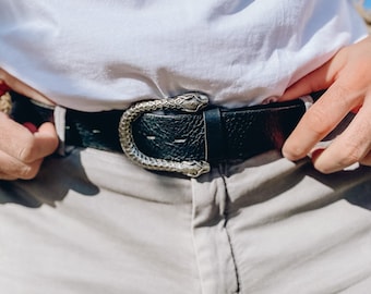 Silver Buckle Belt Men, Black Leather Belt, Handmade Belt, Men Belt, Gift for Her, Made from Real Genuine Leather in Greece.