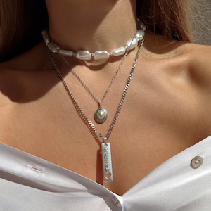 Silver Layering Necklace, Silver Necklace, Pearl Necklace, Long Necklace, Silver Layered Necklace, Statement Necklace, Gift for Her.