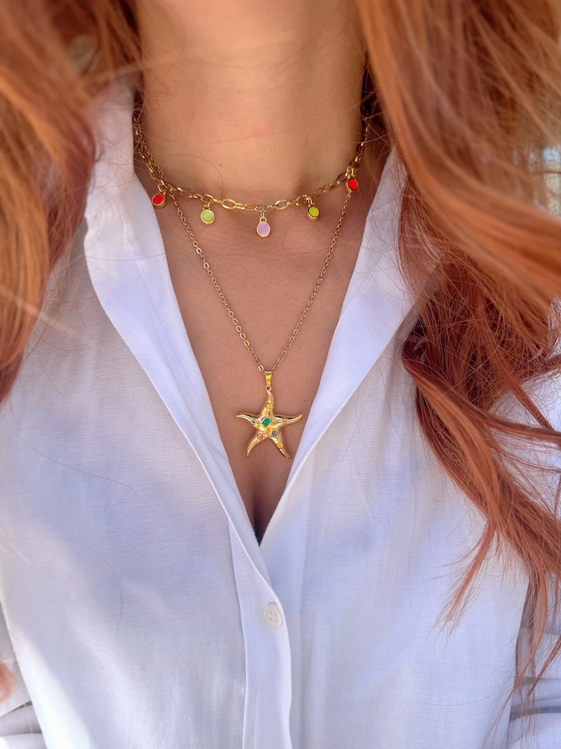 Gold Starfish Necklace, Stainless Steel Necklace, Gold Stones Neckalce, Layerings Necklaces, Beach Necklace, Gift for Her, Made in Greece. zdjęcie 3