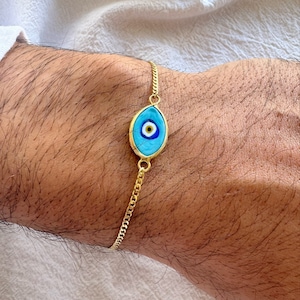Boze oog-armband heren, turkoois armband, gouden schakelarmband, herensieraden, cadeau voor hem, gemaakt in Griekenland van sterlingzilver 925.