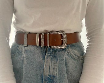 Brown Leather Belt, Boho Belt, Bohemian Belt, Silver Buckles  display picture 3