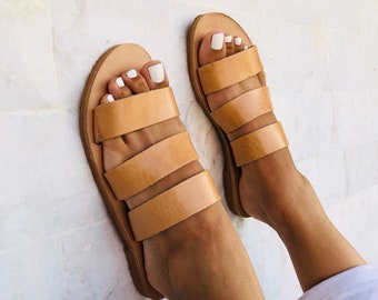 Greek Sandals, Leather Flat Sandals, Leather Sandals, Slides Sandals, Brown Sandals, Summer Sandals, Made from 100% Genuine Leather.