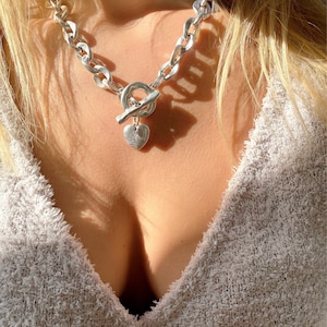 Collar de corazón de cadena de plata, cadena gruesa, collar de mujer, collar de plata, regalo para ella, hecho de acero inoxidable. imagen 8