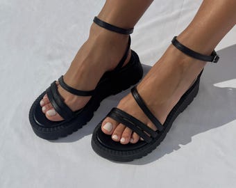 Platform Sandals, Black Leather Sandals, Handmade Sandals, Women Shoes, Greek Summer Wedges.