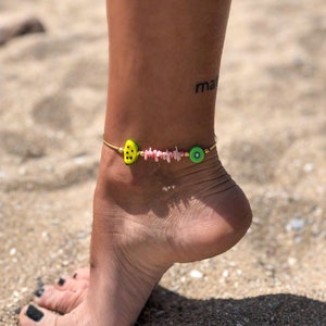 Coral Beaded Anklet, Gold Ankle Bracelet, Summer Anklet, Beach Anklet, Foot Bracelet, Gift for Her, Made in Greece