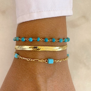 Turquoise Beaded Rosario, Turquoise armbanden, sierlijke armbanden, kettingarmband, cadeau voor haar, gemaakt van verguld sterling zilver 925. afbeelding 1