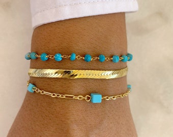 Rosario perlé turquoise, bracelets turquoise, bracelets délicats, bracelet chaîne, cadeau pour elle, en argent sterling plaqué or 925.