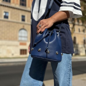 Blue Leather Bucket Bag, Small Crossbody Bag for Women, Handmade Everyday Purse, Adjustable Strap, Minimal Shoulder Bag, Gift for Her