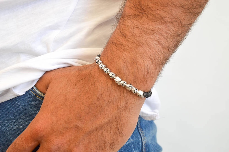 Men Bracelet, Silver Head Skull Bracelet, Beaded Bracelet, Men Jewelry, Gift for Him, Made in Greece, by Christina Christi. image 1