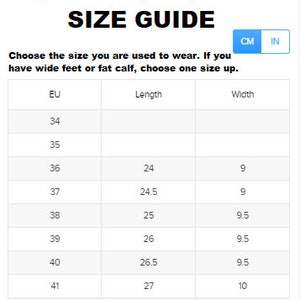 May include: A white size guide for sandals, with measurements in centimeters and inches. The guide includes EU sizes from 34 to 43, with corresponding lengths and widths. The text advises to measure an ideal pair of sandals.