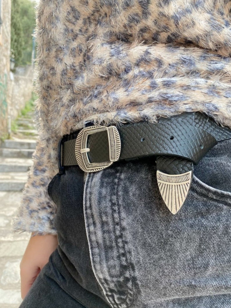 Black Belt Silver Buckle Real Genuine Leather Belt Made in Greece. Gift for Her Women Belt Buckle Belt