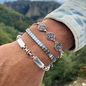 Herensieraden, armbanden heren, zilveren armbanden, armband met minimale staven, bloemenarmband, zilveren armbanden, cadeau voor hem, gemaakt in Griekenland.