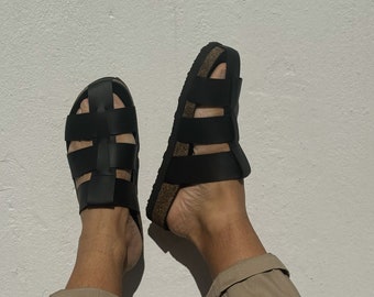 Sandalias de cuero para hombre, sandalias negras para hombre, sandalias de cuero para hombre, sandalias deslizantes, sandalias griegas, zapatos de verano, hechas de cuero de plena flor.