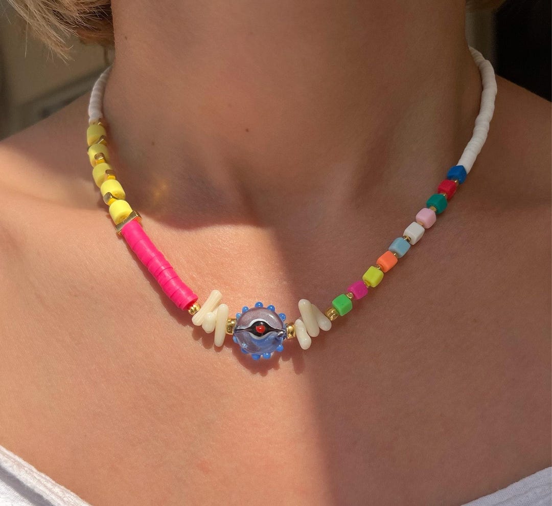 Colorful Evil Eye Beaded Necklace For Women - Boho Handmade Jewelry In Neon Orange & Sea Green - View #3