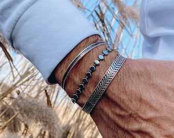 Mens Silver Bracelet, Beaded Bracelet Men, Handmade Bangle Bracelet, Open Cuffs Bracelet, Made in Greece