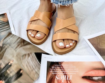 X Sandals Leather Brown Leather Sandals Criss Cross Sandals Slide Sandals Gift for Her Made From Full Grain Leather in Greece. Etsy UK
