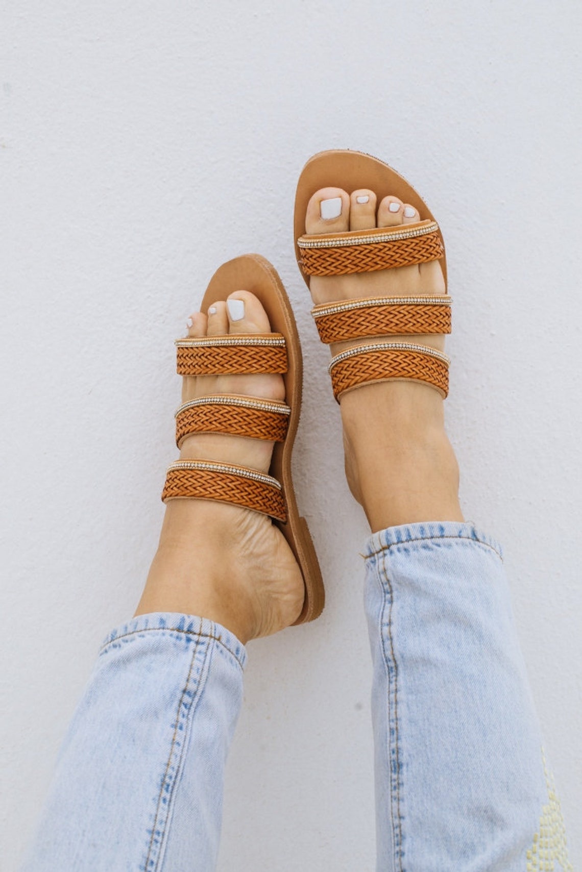 brown flat slip on sandals