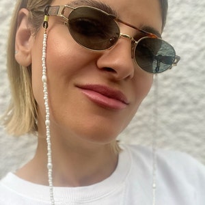 White Pearl Beaded Sunglasses Chain: Gold Metal Eyeglass Lanyard, by Christina Christi