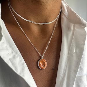 Men&#39;s Seapearl Necklace, Silver Chain Necklace, Men&#39;s Pendant, Flat Chain, Men&#39;s Jewelry, Gift for Him, Made from Sterling SIlver 925