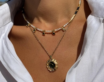 Gold Layered Necklaces, Gold Beaded Necklaces, Gold Layers, Women Necklaces, Pearl Pendant, Enamel Charm, Made in Greece