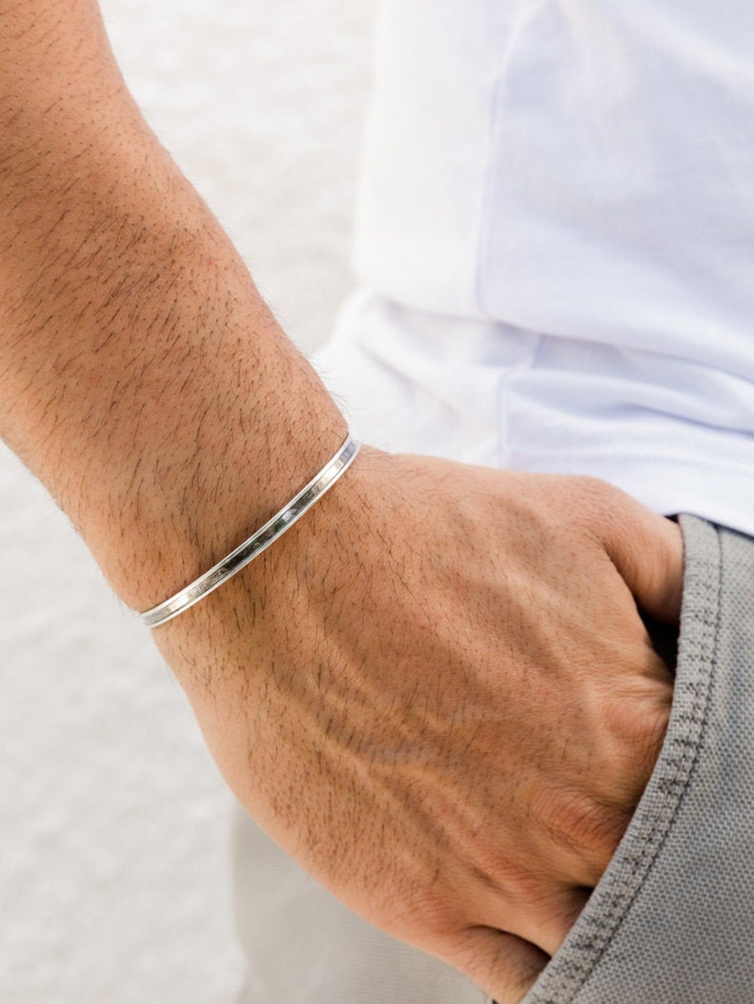 Adjustable Thin Bangle Bracelet, Mens Bracelet, Minimalist Silver 