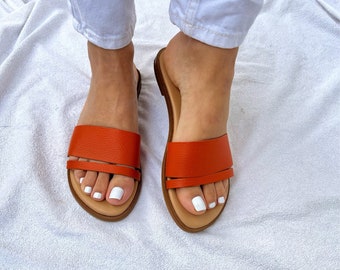 Slide Sandals Women, Leather Sandals, Leather Slippers, Women Leather Shoes, Gift for Her, Made from Full Grain Leather in Orange Color.