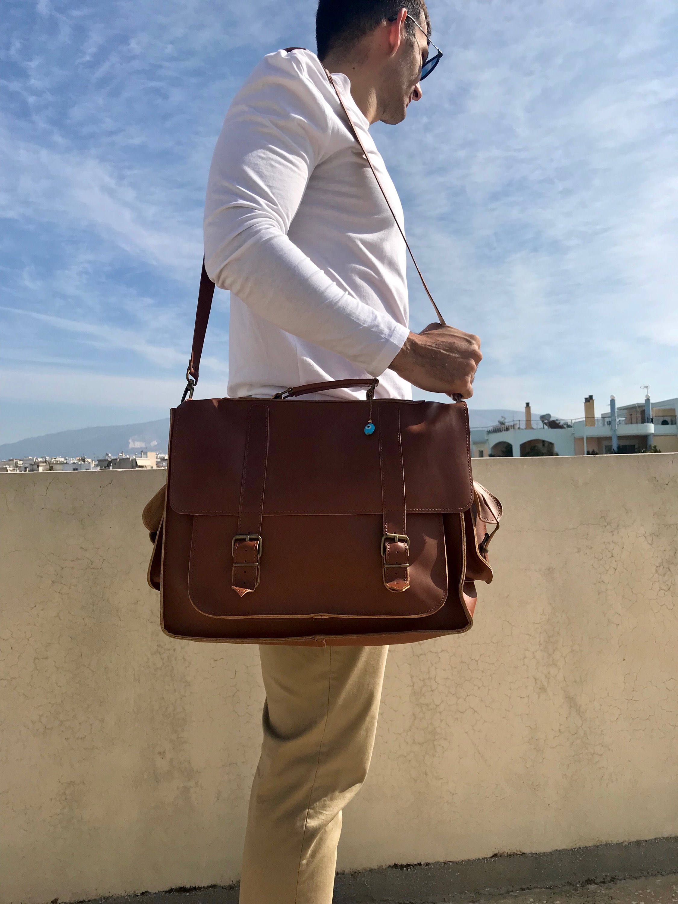 Brown Leather Messenger Bag, Laptop Bag, Mens Briefcase, 17 Inch