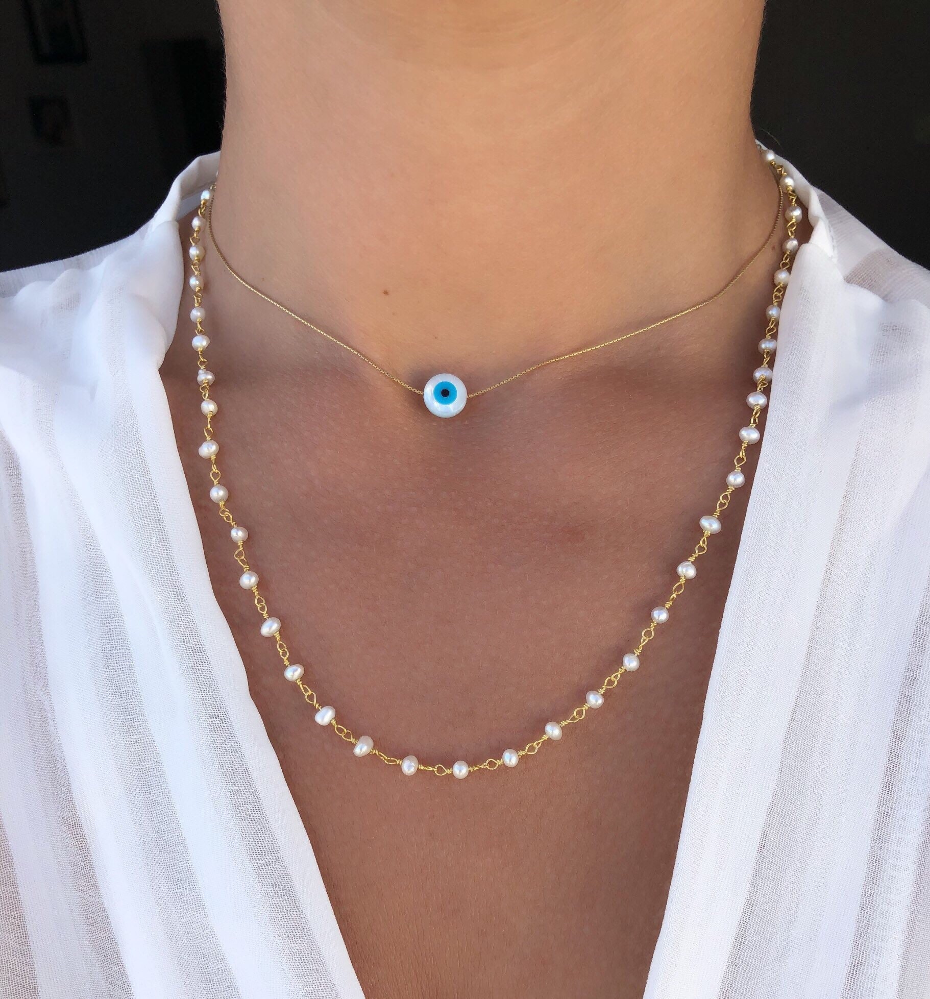 Tiny Evil Eye Necklace, Evil Eye Pendant, Rosary Necklace, Evil Eye J…