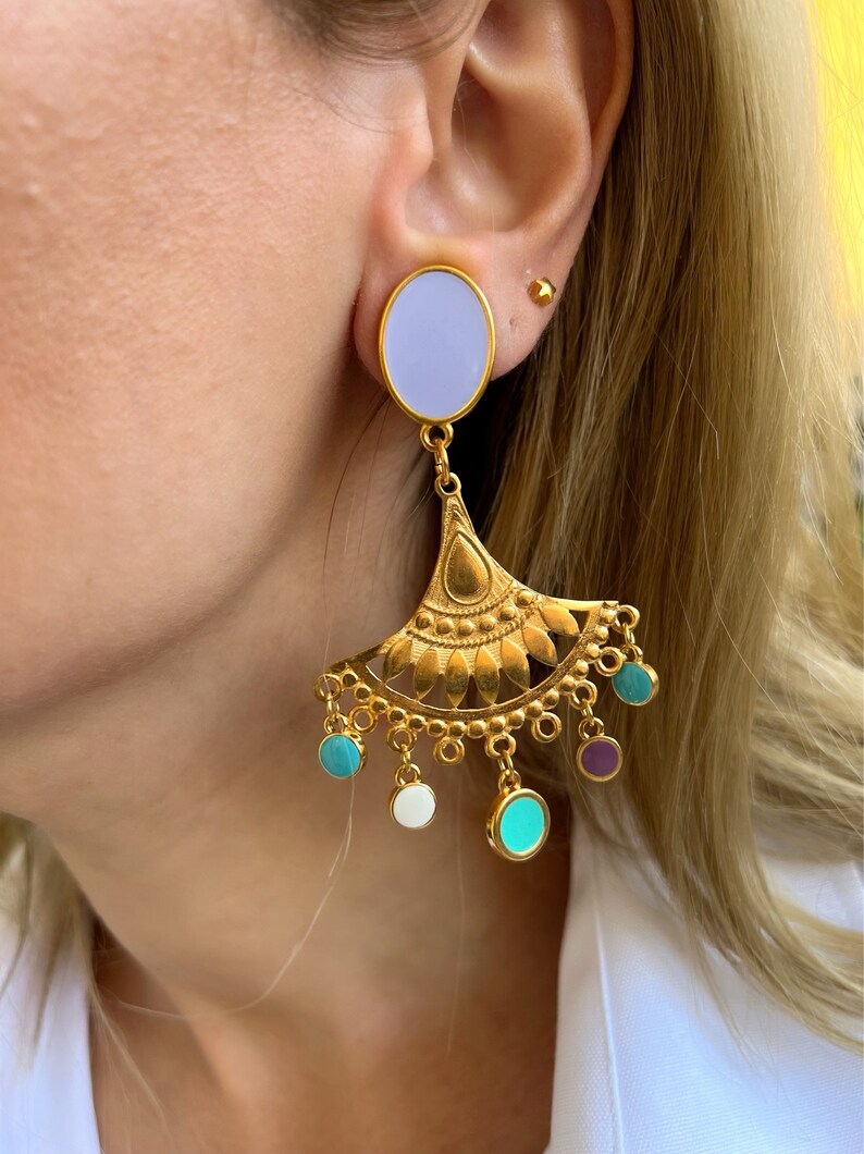 Gold Statement Earrings, Clip On Earrings, Boho Earrings, Clip Earrings, Unpierced Ears, Gift for Her, Made in Greece, By Christina Christi. image 2