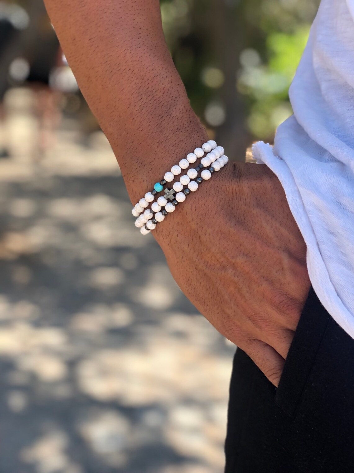 White bead bracelet mens Clearance