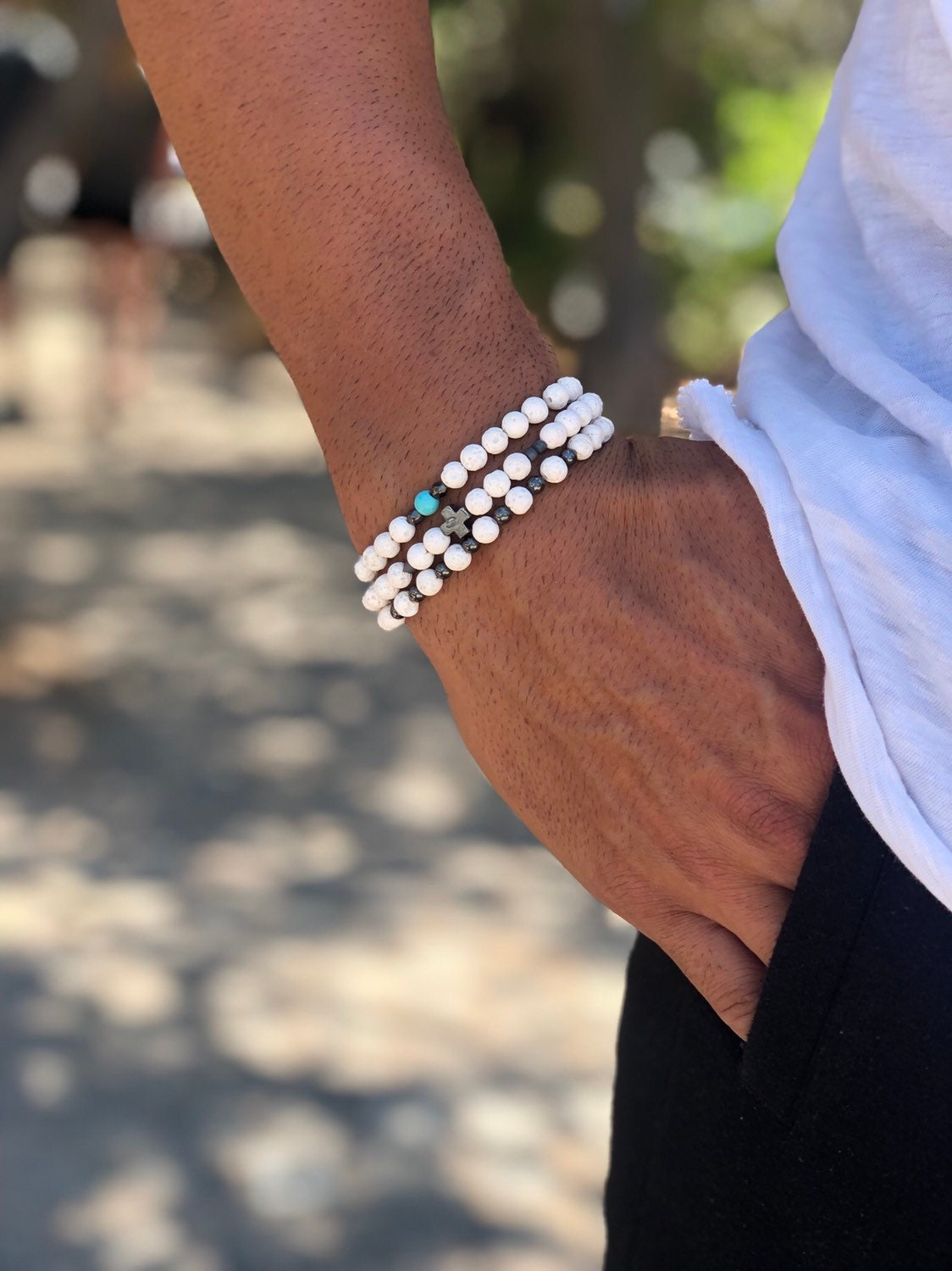 Men s Bracelet White Beads Bracelet Men s Jewelry Made in