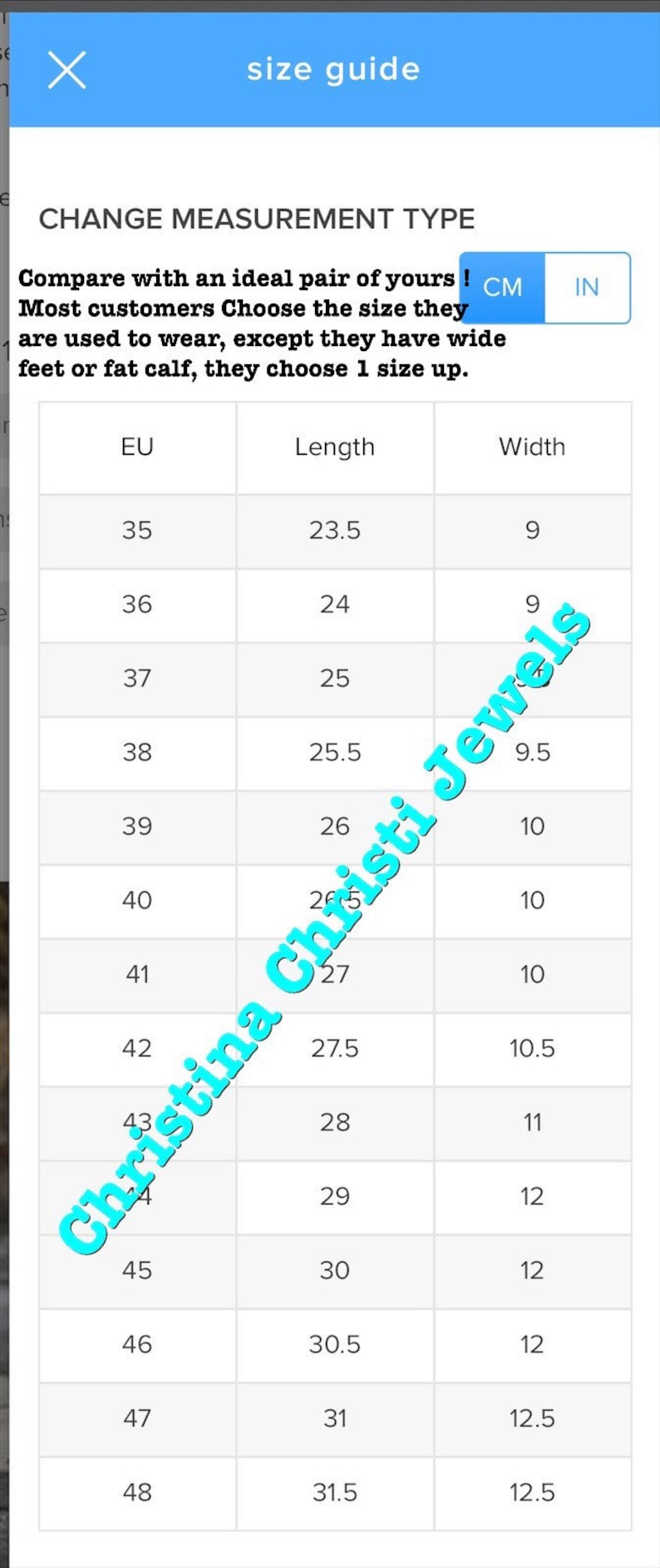 May include: A size guide chart for footwear with columns for European shoe size, length in inches, and width in inches. The chart shows sizes 35 through 48.