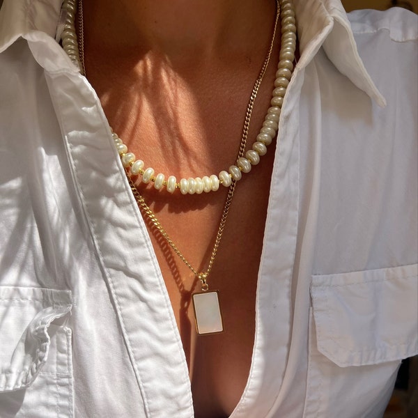 Collier rectangulaire en or, pendentif de charme rectangulaire, collier de perles, collier de superposition d’or, cadeau pour elle, fabriqué en acier inoxydable.