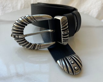 Ethnic Buckle Belt, Black Leather Belt Women, Boho Buckle, Gift for Her, Made in Greece.