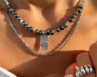Evil Eye Necklace, Evil Eye Pendant, Beaded Layered Pendant, Protection Necklace, Stainless Steel Chain.