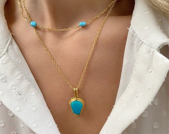 Real Turquoise Stone Necklace, Dainty Necklaces, Stone Necklace, Gold Necklaces, Layerings Necklaces, Gift for Her, Made from Solid Silver.