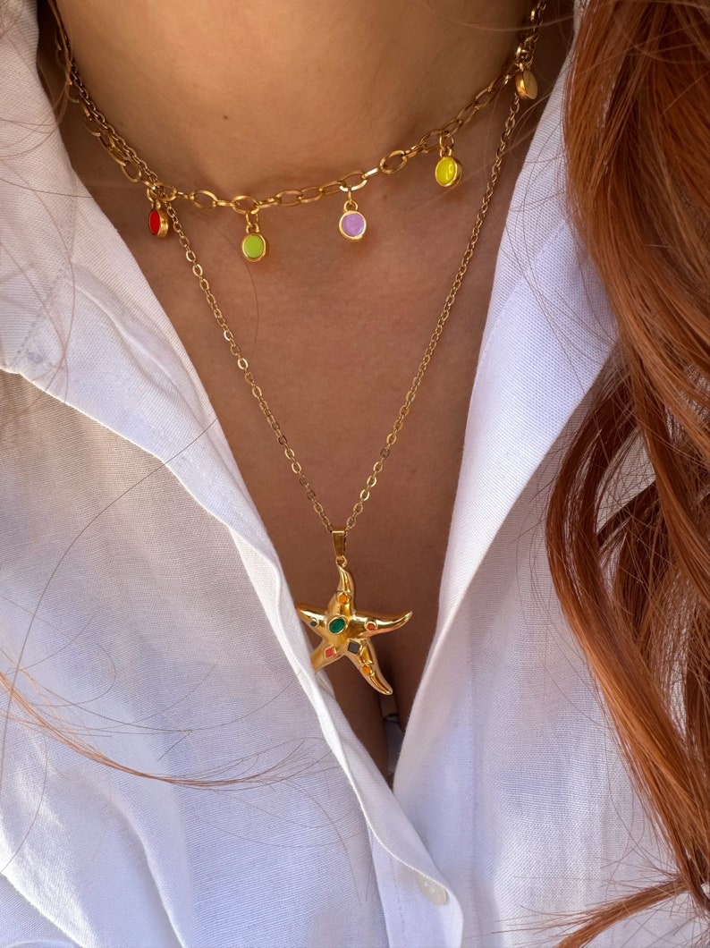 Gold Starfish Necklace, Stainless Steel Necklace, Gold Stones Neckalce, Layerings Necklaces, Beach Necklace, Gift for Her, Made in Greece. zdjęcie 8