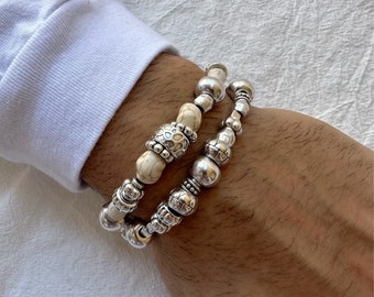 Braccialetti con perline grandi da uomo in argento, bracciale con perline da uomo, bracciali grandi, bracciali in argento, gioielli da uomo, regalo per lui, prodotto in Grecia.