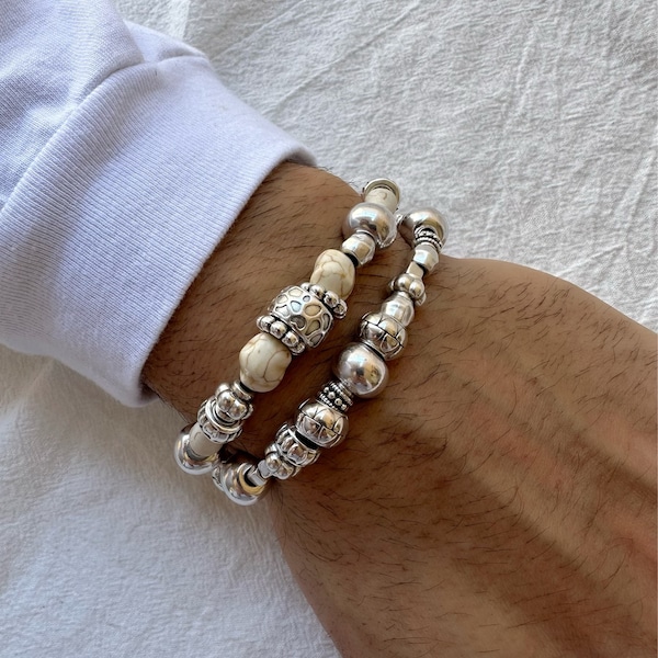 Grands bracelets de perles en argent pour homme, Bracelet de perles pour homme, grands bracelets, bracelets en argent, bijoux pour homme, cadeau pour lui, fabriqués en Grèce.