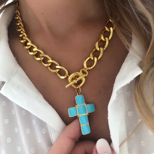 Gold Cross Necklace, Gold Chain, Cross Necklace, Cross Jewelry, Made in Greece. Turquoise