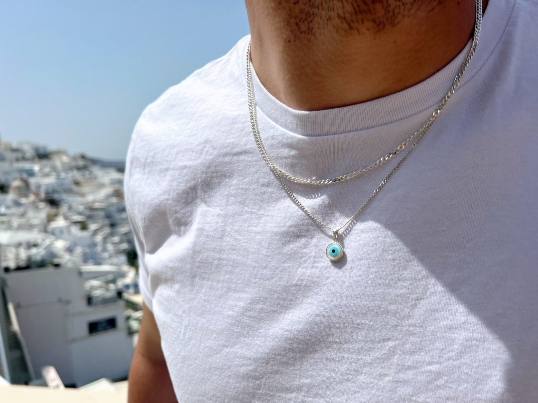 Silver Chain Evil Eye Necklace Men Silver Chain Men - Etsy