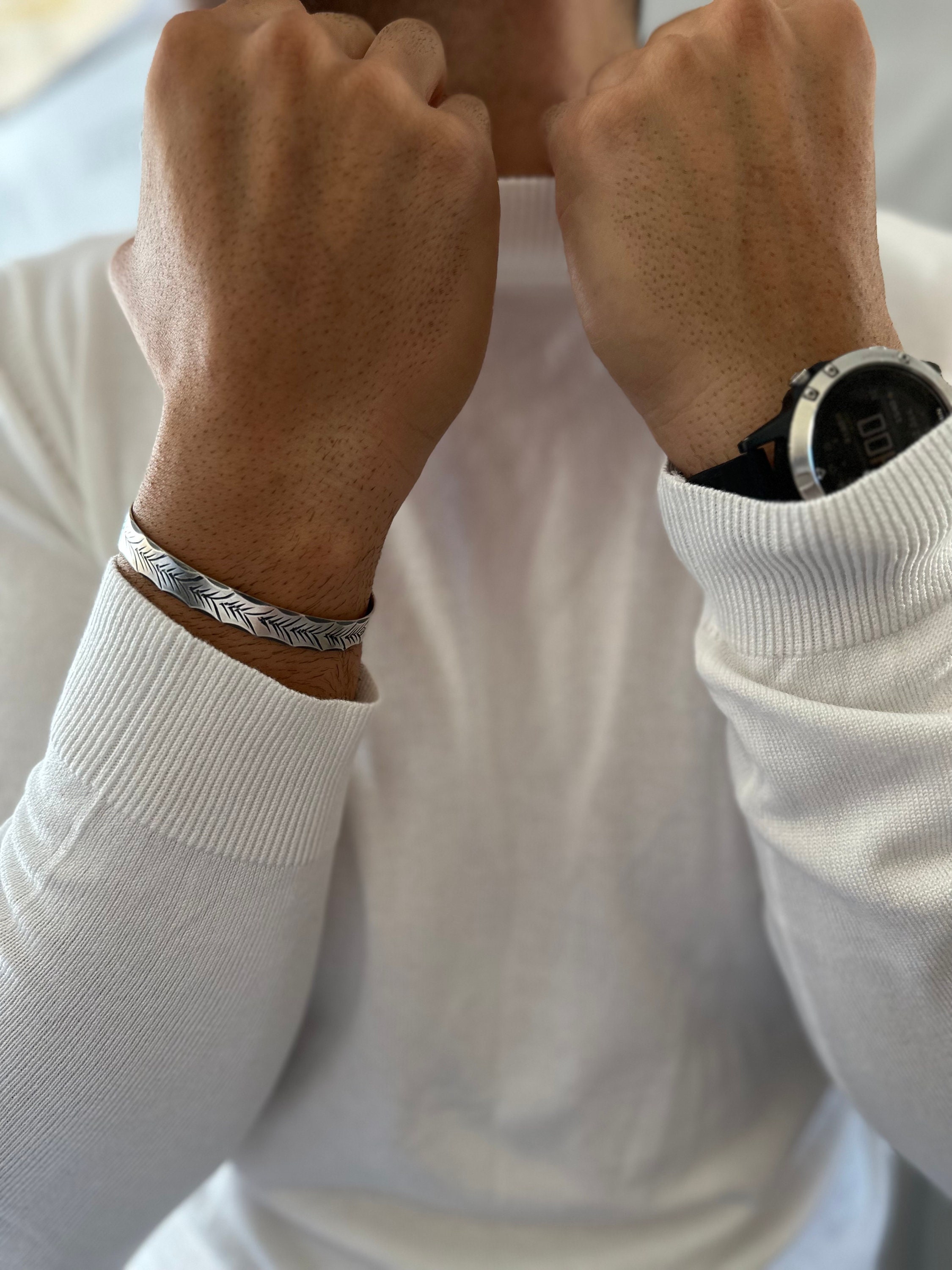 Fashion Alloy White Silver-Tone Handcuff Mens Bracelet with Clasp -  Walmart.com