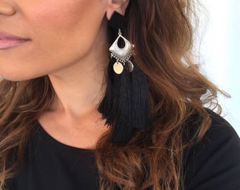BlackTassels Earrings, Boho Earrings, Clip On Earrings,  Unpierced Ears, Gift for Her, Made in Greece.