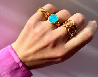 Set Di Anelli Regolabili Geometrici Turchesi - Gioielli Impilabili Punk In Oro Massiccio Per Donna - 4