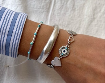 Bracelet à breloques en argent, bracelet en perles d'argent, bracelet large, manchette en argent, bijoux à breloques, cadeau pour elle, fabriqué en Grèce.